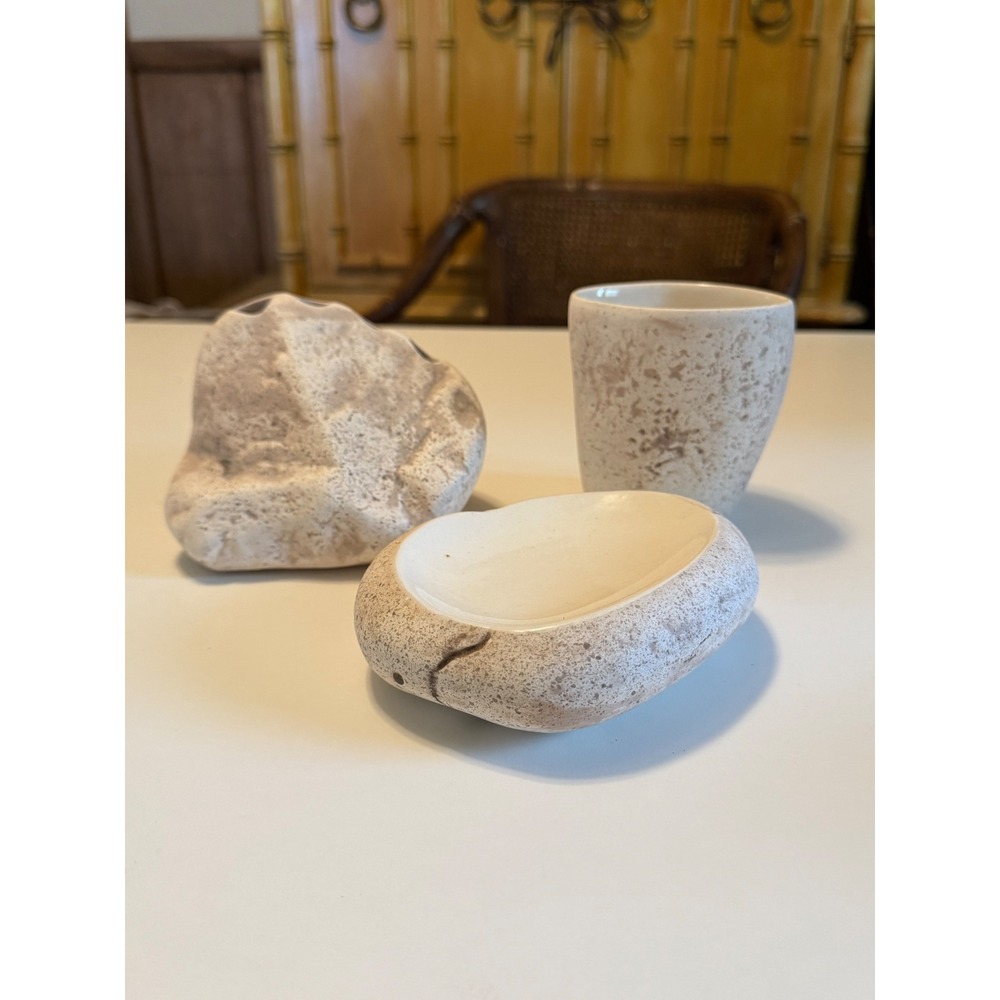 Vintage Ceramic Stone Texture Bathroom‎ Set Toothbrush Holder Soap Dish Tumbler.